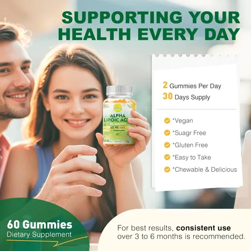 Miniatura 5 de Gomitas de ácido alfa lipoico, 2 paquetes, veganas, sin azúcar, suplemento de 600 mg de ALA, ácido alfa lipoico puro de 600 mg con benfotiamina
