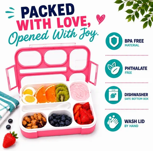 Miniatura 8 de Contenedor de lonchera Bento-Box para niños, niñas, mujeres, kit de 6 compartimentos para porciones escolares, cajas de comida o aperitivos para Rosa