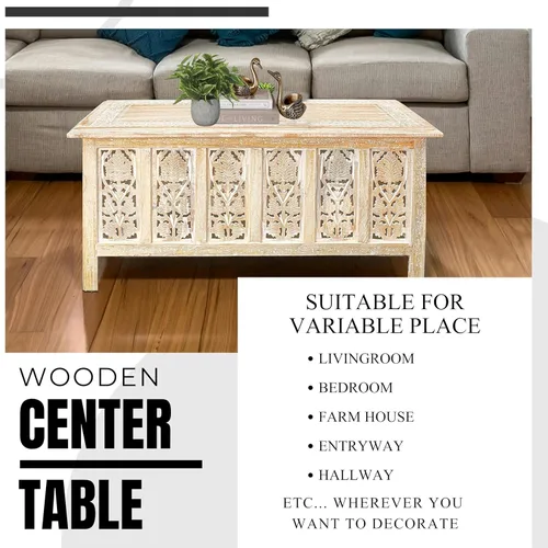 Miniatura 6 de Mesa de café rectangular de The Wooden Town – Acabado lavado blanco de 36x18 pulgadas Moderna mesa central de madera para sala de estar Mesa