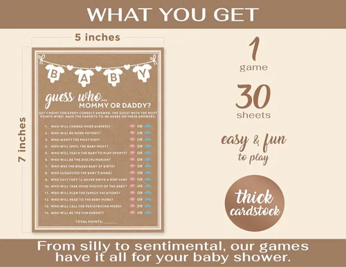Miniatura 2 de Party Hearty Juego de 30 piezas de Baby Shower para niña o niño, mamá o papá Adivina quién, divertidas tarjetas de actividad, género neutro, ideas