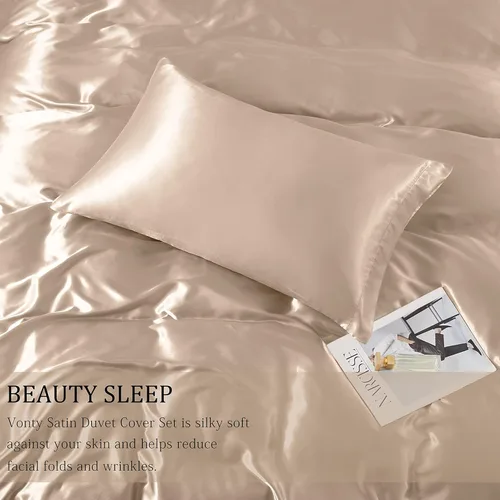 Miniatura 3 de Vonty Juego de Funda de Edredón de Satén Sedoso de 3 Piezas Tamaño Full/Queen, Juego de Funda de Edredón Beige Natural Orgánico 400TC - Ropa de Cama