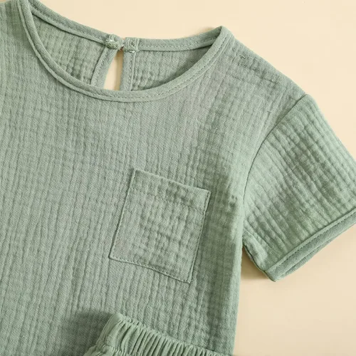Miniatura 4 de Conjunto de 2 piezas de camiseta de algodón y lino de manga corta y pantalones cortos elásticos, 2 piezas, ropa casual de verano