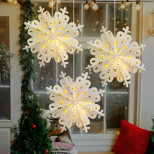 Miniatura 5 de Mudder 3 linternas de copo de nieve de papel de Navidad con 5 luces LED de 23.6 pulgadas, lámparas colgantes blancas 3D de copo de nieve