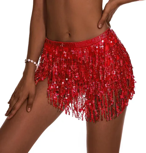 Belly Dance Skirt Hip Scarf Sequin Fringe Skirt Boho Clothes Tassel Disco Dress Rave Outfits for Women Girl Festival Playsuit