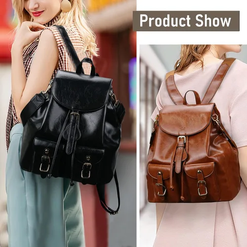 Miniatura 2 de Chillo - Mochila grande de cuero vegano para mujer, diseño multiusos, con cordón, Negro -, Mochilas de mochila