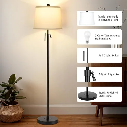 Miniatura 4 de JUNNAI Lámparas de pie negras para sala de estar, lámpara de pie de altura ajustable, lámparas modernas de poste alto para dormitorio y oficina