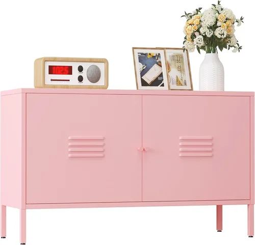 Miniatura 16 de Gabinete de almacenamiento de metal, soporte de TV de 2 puertas, armario decorativo con puertas y estante ajustable, armario de metal, mesita