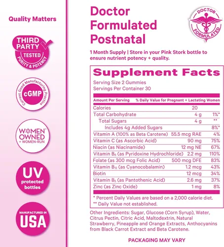 Miniatura 6 de Pink Stork Gomitas Vitamínicas Totales Posnatales - Multivitamínico para la Recuperación Posparto y Apoyo a la Lactancia - Ácido Fólico, B6