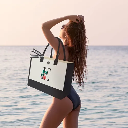 Miniatura 44 de Bolsa de lona con inicial, regalos de cumpleaños personalizados para mujeres, madres, amigas y profesoras, bolsas de mano con monograma adecuadas