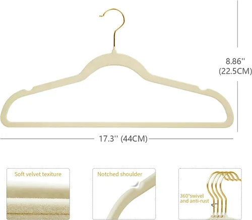 Miniatura 3 de ManGotree Perchas de terciopelo con gancho dorado giratorio de 360°, perchas de fieltro antideslizantes para trajes, colgador de ropa delgado que