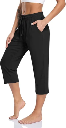 TARSE Pantalones capri de yoga para mujer, sueltos, suaves, con cordón, pantalones de entrenamiento casuales con bolsillos