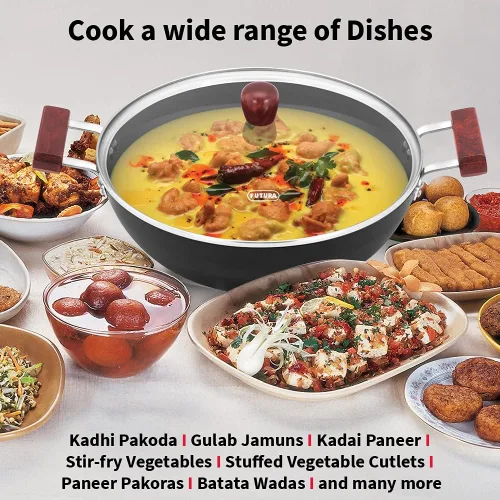 Miniatura 6 de Hawkins Futura Kadhai de 5 litros de profundidad, Kadai antiadherente con tapa de cristal, fondo plano de inducción, Kadhai, color negro (INK50G)