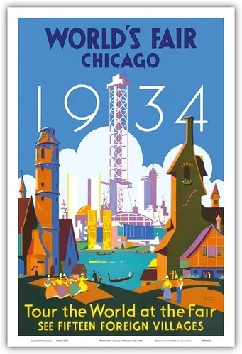 Miniatura 9 de 1934 World Fair Chicago - Tour the World at the Fair - Póster de viaje vintage de Weimer Pursell c.1934 - Impresión artística maestra (sin marco) 9