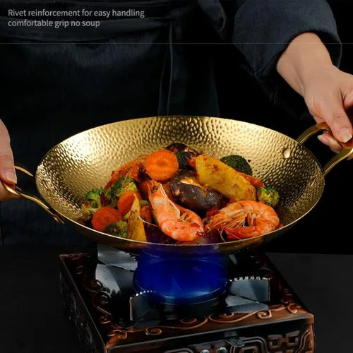 Miniatura 4 de SVRITE Sartén de acero inoxidable para paellas, sin recubrimiento, antiadherente, de 8, 9, 10, 11 pulgadas, sartén pequeña para fideos con doble
