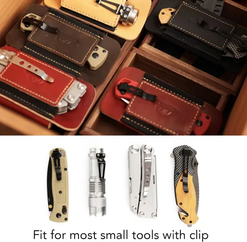 Miniatura 3 de Topstache Funda de cuero de transporte horizontal para cinturón, cuero natural con banda elástica EDC para cuchillos, organizador de bolsillo