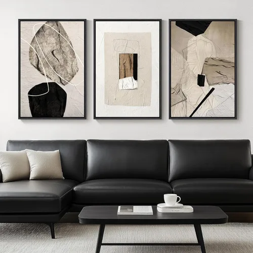 Miniatura 4 de Arte de pared abstracto neutro con marco grande para sala de estar, 3 piezas, impresiones modernas en lienzo para paredes, cuadros negros y beige