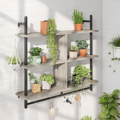 Miniatura 6 de Bestier Estantes Flotantes de Cocina de 41" Montados en Pared de 3 Niveles Barra de Café Estante para Tazas Colgante con 8 Ganchos Exhibidor