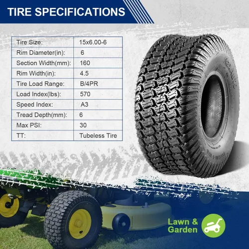 Miniatura 3 de MaxAuto 2 piezas 15x6.00-6 neumáticos delanteros para cortacésped de jardín, tractor de montar, 4PR sin cámara 15-6.00-6 neumáticos cortacésped