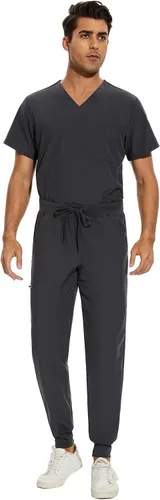 Miniatura 8 de COZYFIT Conjunto de ropa quirúrgica para hombre camiseta elástica con cuello en V y pantalón deportivo con 8 bolsillos, cintura de yoga, ropa