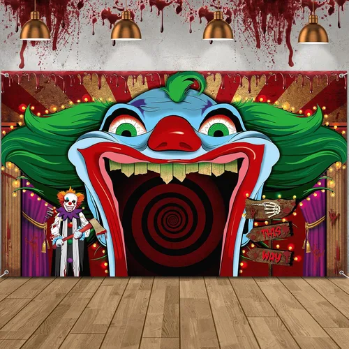 Decoraciones de payaso de Halloween, telón de fondo de carnaval, pancarta de Halloween, payaso espeluznante, fotografía de fondo para terror, circo,