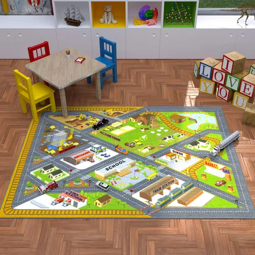 Miniatura 5 de KC Cubs Alfombra de Calle de Carretera de Construcción de Granja Country de 8x10 pies - Alfombra Educativa Tapete de Juego para Niños, Guardería