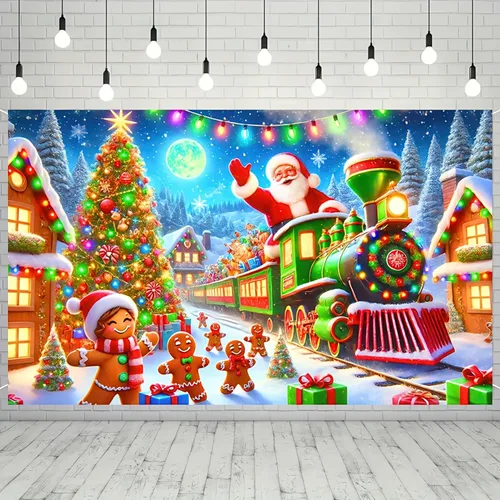 BlissYard Telón de fondo de tren de Papá Noel, 71 x 43 pulgadas, pancarta de escena de Navidad de pan de jengibre, fondo de fotos para fiestas de