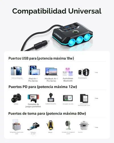 Miniatura 5 de Anyongora Divisor de encendedor de cigarrillos 7 en 1, adaptador de cargador de coche de 120 W, 12 V/24 V, 3 enchufes e interruptores