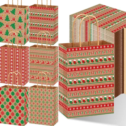Fulmoon Juego de 48 bolsas de regalo de papel kraft de Navidad a granel, bolsas de regalo de papel surtido con asa, vacaciones para regalos de