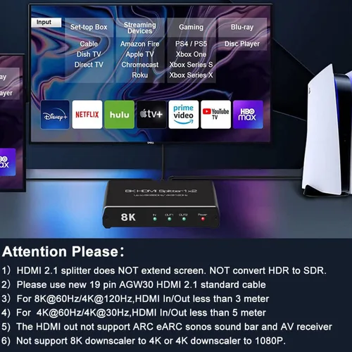 Miniatura 5 de Divisor HDMI 8K 60Hz 1x2, 4K 120Hz HDMI 2.1 Divisor Convertidor 1 en 2 Salida HDCP 2.3 UHD HLG HDR 7680x4320P para 8KTV PS5 Xbox Game