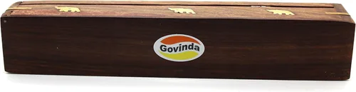 Miniatura 2 de Govinda® Quemador de incienso de ataúd de madera, elefante de 12 pulgadas, incrustaciones de latón, compartimento de almacenamiento