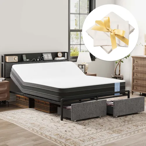 Miniatura 10 de FLEXISPOT Cama ajustable Queen con cabecera de almacenamiento, estación de carga, inclinación de la cabeza, iluminación LED, cajones