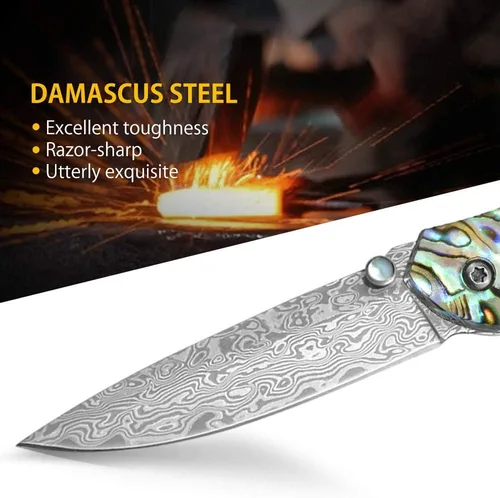 Miniatura 3 de NedFoss Cuchillo de bolsillo, cuchillo de bolsillo de damasco con mango de concha de abulón, cuchillo plegable de acero de Damasco forjado hecho a