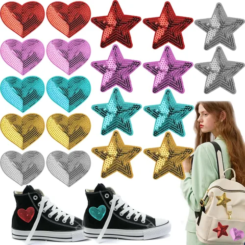 20 parches bordados con lentejuelas y estrellas en forma de corazón, apliques brillantes para planchar para ropa, bolsos, chaquetas, jeans, aretes,