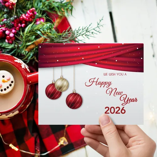 Miniatura 4 de Juego de tarjetas de feliz año nuevo 2026 – Elegante bola roja para Navidad, Año Nuevo, saludos de vacaciones, invitaciones, anuncios