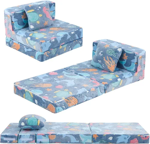Miniatura 21 de MeMoreCool Silla Cama Futón Plegable para Niños, Sofá Cama Tri-plegable Brillante Convertible Colchón Sofá para Niños Pequeños, Sofá de Espuma