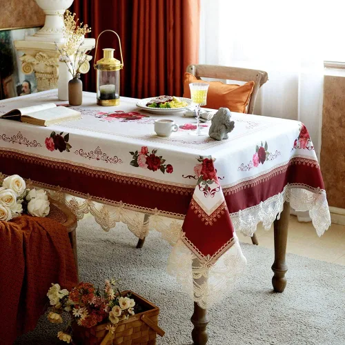 Miniatura 13 de SUTAVIA Mantel de Mesa Bordado con Encaje, Cubierta de Mesa Rectangular Estilo Granja, Mantel de Macramé Clásico Oblongo con Decoración Floral