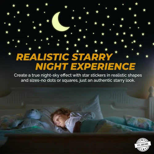 Miniatura 5 de Juego de estrellas y luna que brillan en la oscuridad, realista sin puntos ni cuadrados. Calcomanías en forma de estrella y luna, adhesivos