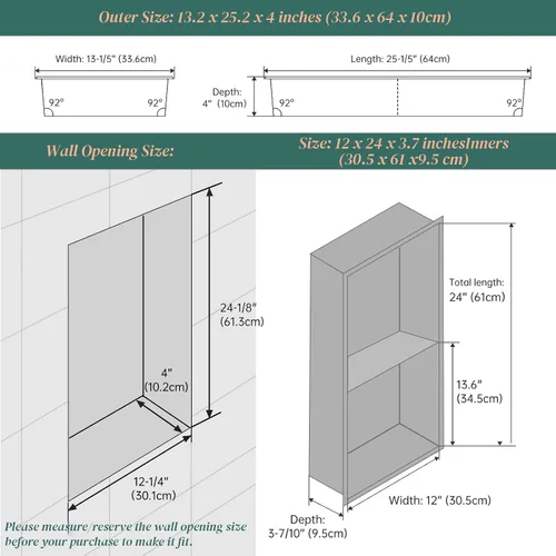 Miniatura 3 de Niche de ducha de 12 x 24 pulgadas, organizador de baño blanco mate, no necesita azulejos, acero inoxidable, moderno en nicho insertado en la pared