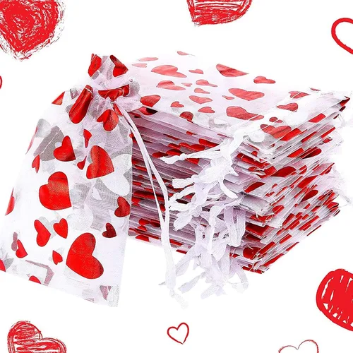 Miniatura 6 de SIROGOGO 50 bolsas de organza para el día de San Valentín, bolsas de dulces de corazón rojo, bolsas de joyería, bolsas con cordón para embalaje