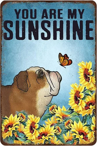 Mocozim Letrero de metal retro rústico con diseño de mariposa de Bulldog inglés You are My Sunshine Dog Lover de 8 x 12 pulgadas, cartel de metal