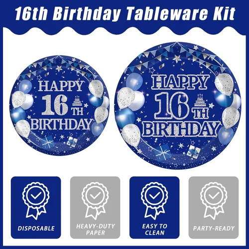 Miniatura 3 de Kepeel Juego de vajilla de 96 piezas para fiesta de 16º cumpleaños, decoraciones y suministros azul y plateado Feliz 16º Cumpleaños para niños