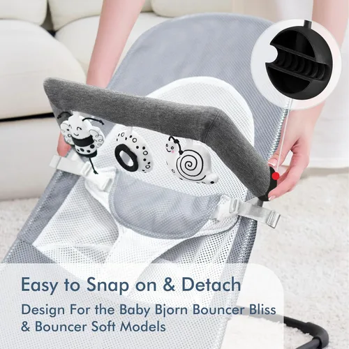 Miniatura 7 de iGRATENS Baby Bjorn - Barra de juguetes para gorila de bebé, suave con 3 juguetes sensoriales lindos, fácil de colocar y quitar, agradable a