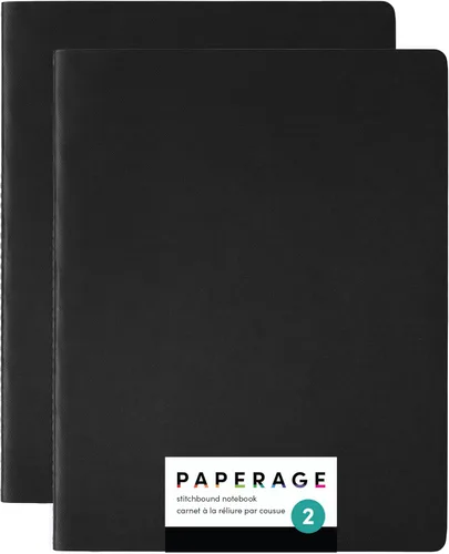 PAPERAGE Cuaderno de diario forrado de tapa suave, paquete de 2, negro), 100 páginas, grande de 7.5 x 9.5 pulgadas, con rayas universitarias, ideal