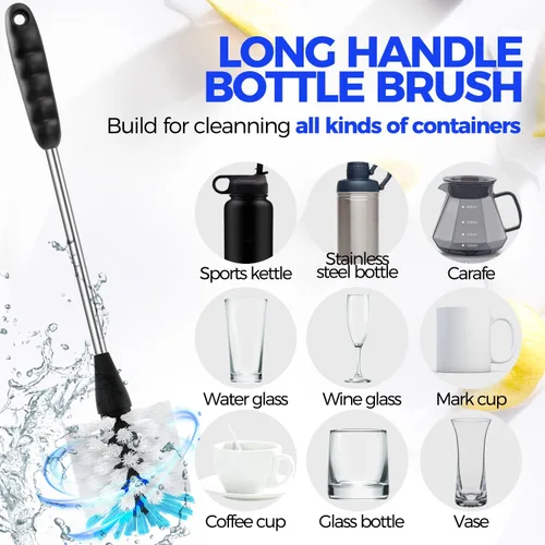 Miniatura 2 de Holikme Juego de 6 cepillos para botellas, cepillo limpiador de botellas de acero inoxidable de mango largo de 14 pulgadas, 3 cepillos para popotes