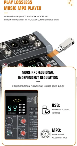 Miniatura 4 de A-Series Mezclador Profesional para Grabación de Música de DJ, Escenario, Karaoke con 99 Efectos DSP, Unidad USB para Entrada de Grabación