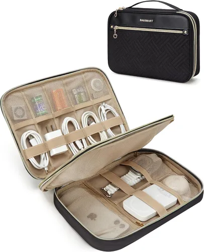BAGSMART Organizador electrónico de viaje - Bolsa organizadora de cables y tecnología de doble capa para cables de carga, Negro