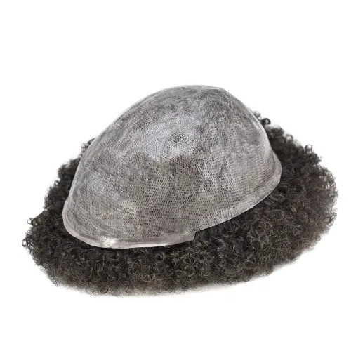 Miniatura 2 de Afro Toupee para hombres negros, rizado brasileño, pieza de cabello humano afroamericano afro ondulado para hombre, sistema de reemplazo de piel