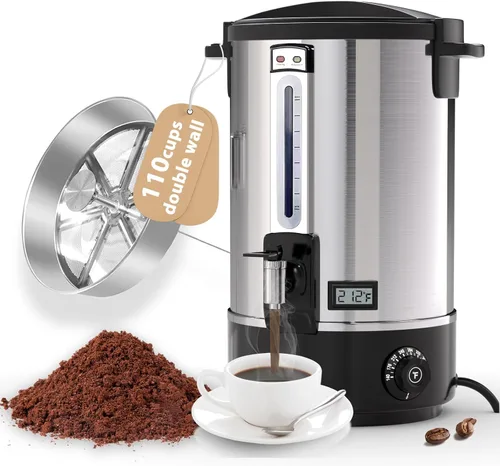 Urna de café comercial, dispensador de café grande de acero inoxidable de 110 tazas/16.5L, urna de café eléctrica de doble pared, urna de café