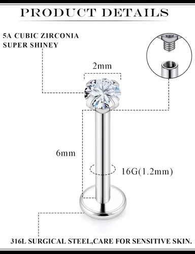 Miniatura 2 de 16G Aretes de hilo interno de parte trasera plana, aretes de nariz de acero quirúrgico 316L, anillo de labio Medusa, anillo de labio Monroe, arete