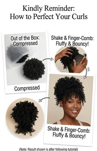 Miniatura 9 de Cola de caballo con cordón para mujeres negras Afro Puff Cola de caballo con cordón con flequillo Cola de caballo corta crespa y rizada Moño cola